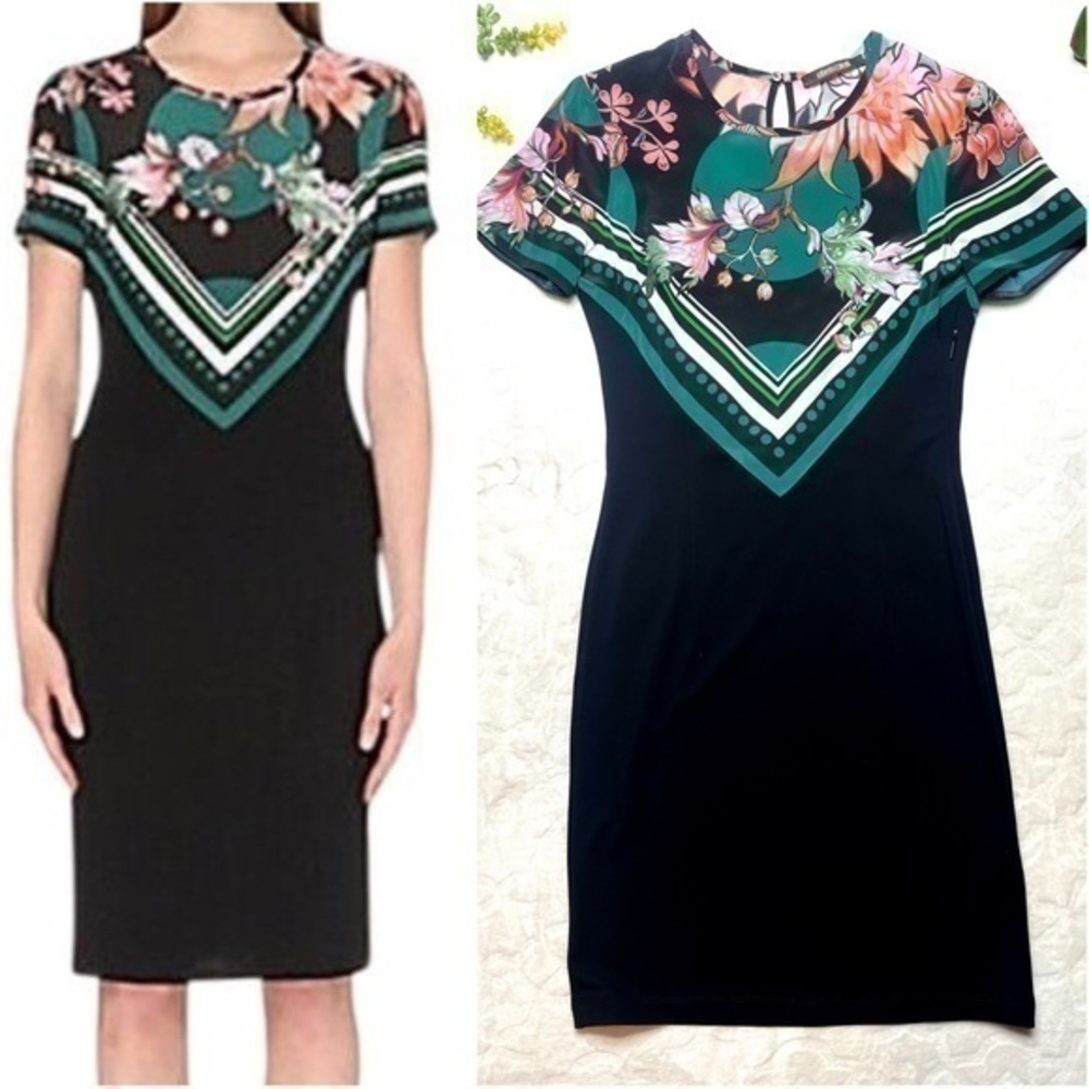 Roberto Cavalli Abito Woven Mid-Length Silk Sheath Dress Black Green Floral 42/M